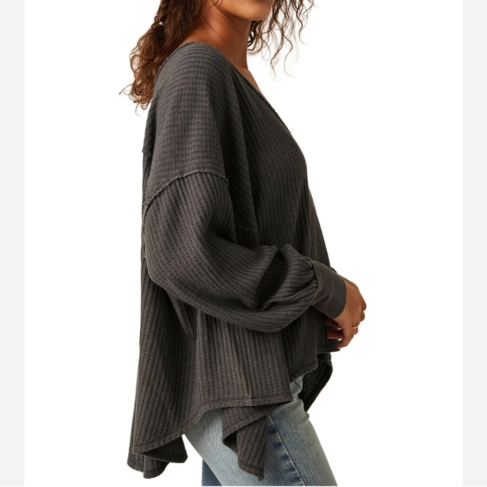 We The Free Dark Green Waffle Knit Long Sleeve Top, Size S